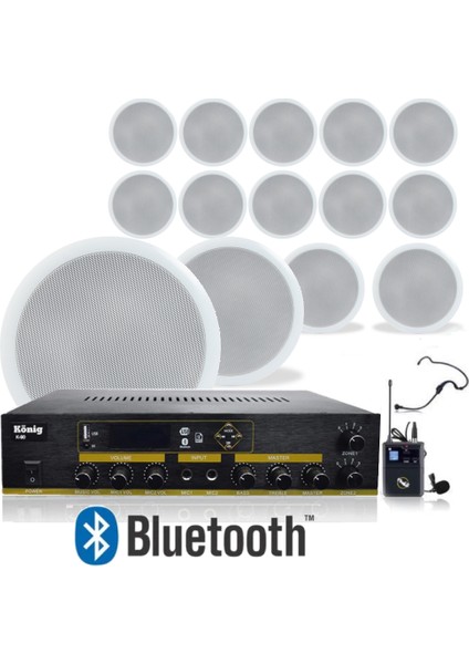 14LÜ Tavan Hoparlörlü Yaka Mikrofonlu Bluetooth Anfi Ses Sistemi Seti