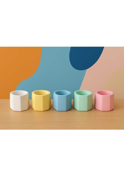 5'li El Yapımı Dekoratif Saksı Seti - Handmade Taş Tozu Renkli Mumluk Kalemlik Sukulent Obje 8cm