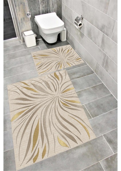 Kaymaz Tabanlı Suya Dayanıklı Dijital Baskılı Banyo Paspası Takımı | Bordo Halı 1527