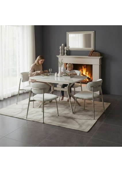 Duman Açılır Masa Takımı – Gri Mermer - Krom Metal Ayak – 80×130→160 Cm, 4 Sandalyeli
