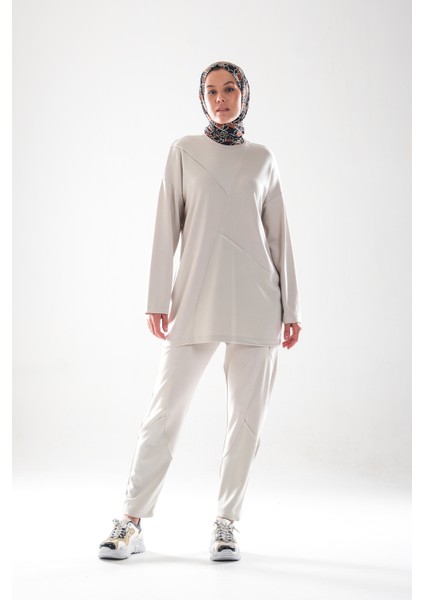 2283_PATCH ve Dikiş Detaylı Esnek Kumaş Tesettür Kadın Spor Eşofman Takımı –cepli Havuç Fit Pantolon