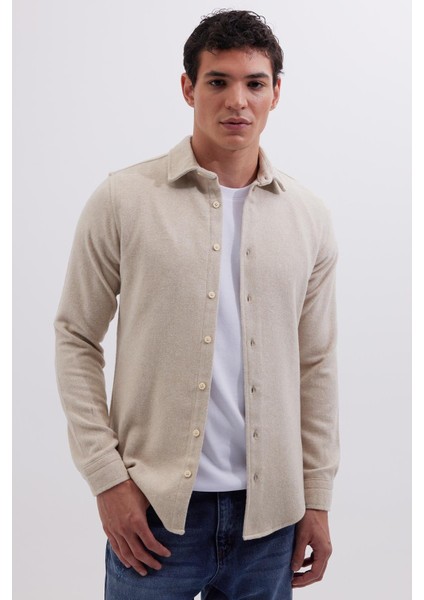 Erkek Slim Fit Dar Kesim Uzun Kollu Düz Kışlık Oduncu bej Gömlek indirimleri