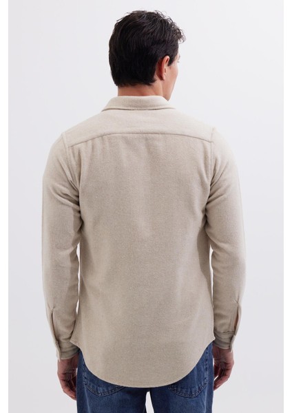 Erkek Slim Fit Dar Kesim Uzun Kollu Düz Kışlık Oduncu bej Gömlek