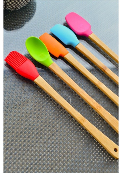 5 Parça Bambu Silikon Spatula Kaşık Fırça Seti Bambu Mini Kaşık Spatula Fırça Seti Yüksek Kalite