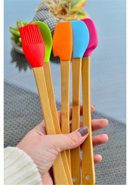 5 Parça Bambu Silikon Spatula Kaşık Fırça Seti Bambu Mini Kaşık Spatula Fırça Seti Yüksek Kalite fiyatları