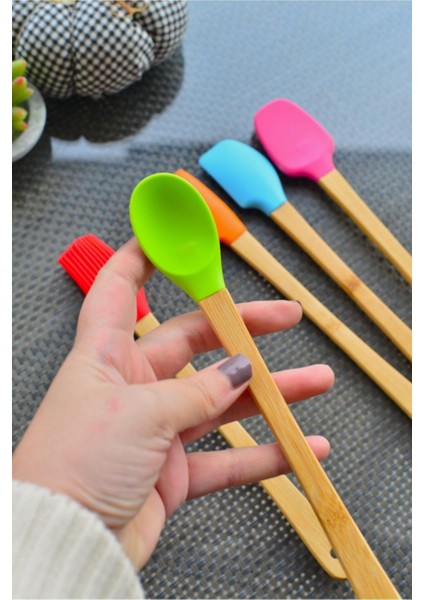 5 Parça Bambu Silikon Spatula Kaşık Fırça Seti Bambu Mini Kaşık Spatula Fırça Seti Yüksek Kalite modelleri
