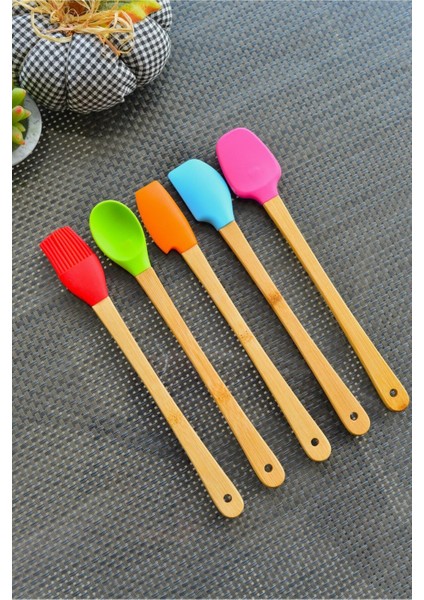 5 Parça Bambu Silikon Spatula Kaşık Fırça Seti Bambu Mini Kaşık Spatula Fırça Seti Yüksek Kalite fırsatları