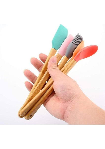 5 Parça Bambu Silikon Spatula Kaşık Fırça Seti Bambu Mini Kaşık Spatula Fırça Seti Yüksek Kalite indirimleri