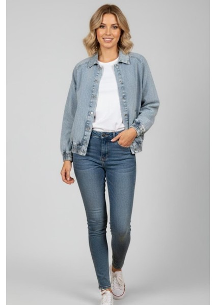 Kadın Mavi Oversize Kot Ceket M2149 Kar Yıkama