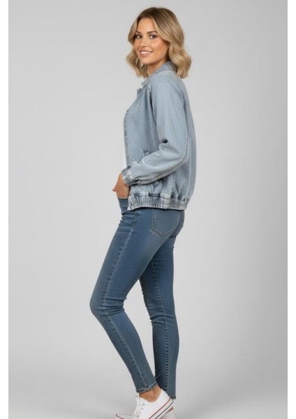 Kadın Mavi Oversize Kot Ceket M2149 Kar Yıkama indirimleri