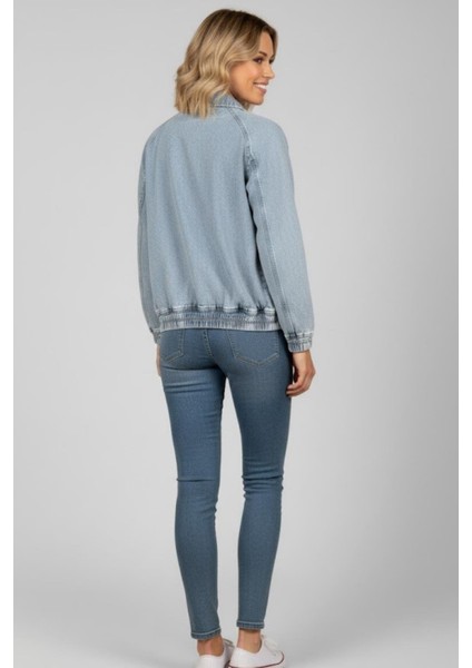 Kadın Mavi Oversize Kot Ceket M2149 Kar Yıkama