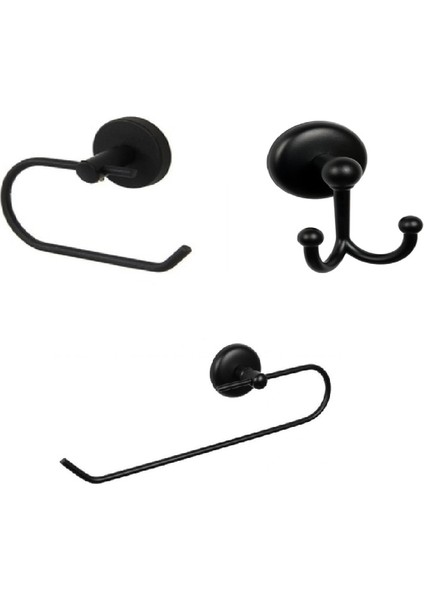 şkanlı Siyah Üçlü Banyo Aksesuar Seti - Açık Havlu Kağıtlık - Banyo Askısı - Açık Tuvalet Kağıtlık