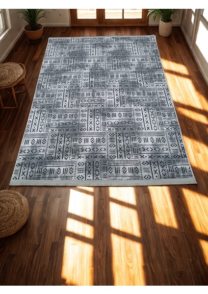 Iskandinav Desen Saçaklı Gri Kaymaz Taban Yıkanabilir Kesme Yolluk Halı
