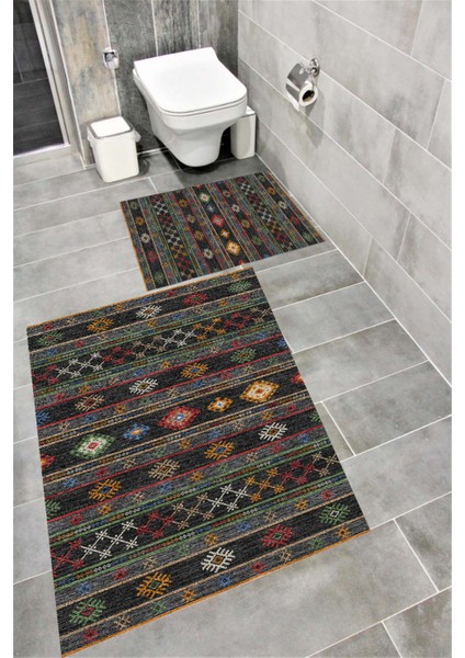 Kaymaz Tabanlı Suya Dayanıklı Dijital Baskılı Banyo Paspası Takımı | Bordo Halı 1589