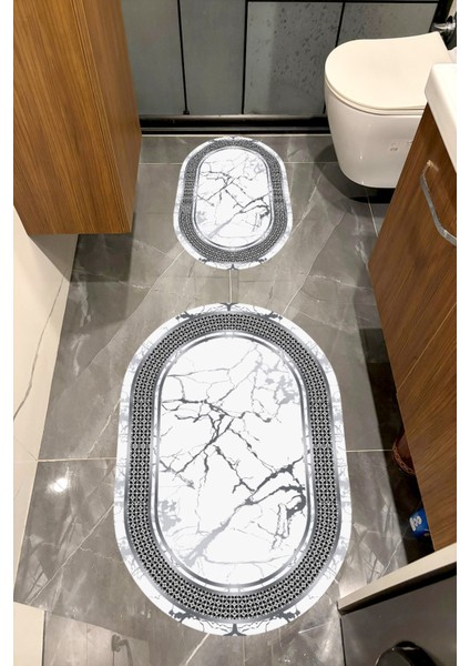 Su Emici Yumuşak Kaymaz Taban Sünger Dolgulu Yıkanabilir Dekoratif Banyo Paspası Takımı 1002 Oval
