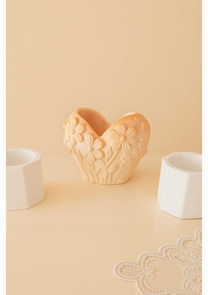 3'lü El Yapımı Kalp Tasarımlı Sukulent Saksı - Handmade Taş Tozu Obje Mumluk Dekoratif Biblo 8cm