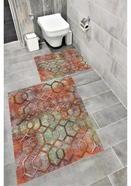 Kaymaz Tabanlı Suya Dayanıklı Dijital Baskılı Banyo Paspası Takımı | Bordo Halı 1620