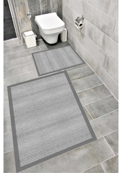 Kaymaz Tabanlı Suya Dayanıklı Dijital Baskılı Banyo Paspası Takımı | Bordo Halı 1408