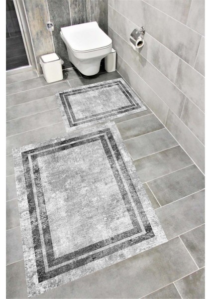 Kaymaz Tabanlı Suya Dayanıklı Dijital Baskılı Banyo Paspası Takımı | Bordo Halı 1631