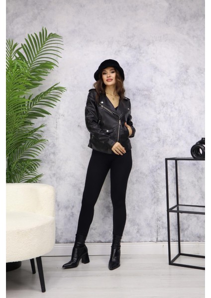 Fermuarlı Deri Ceket M4750 Siyah