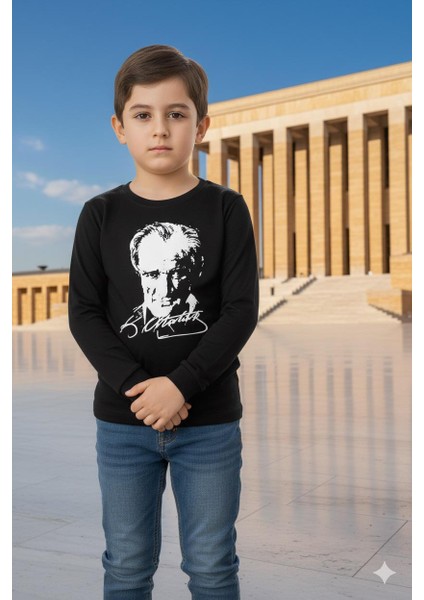 Unısex Uzun Kol Siyah Atatürk Baskılı T-Shırt