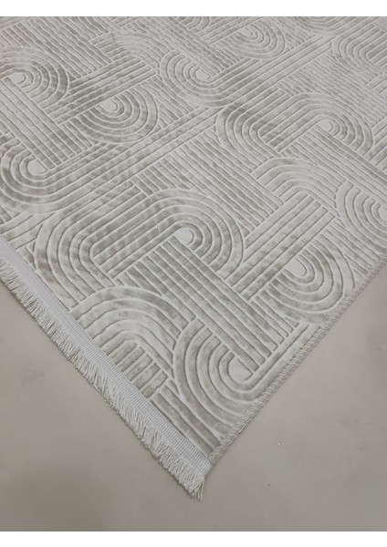 Smart Diamond Krem Saçaklı Kabartmalı Yıkanabilir Kaymaz Taban Kesme Yolluk Halı