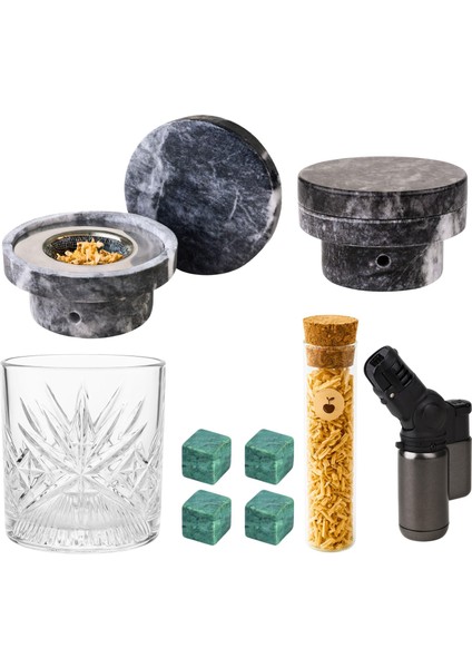 Viski Bardaklı 4’lü Viski Taşlı Siyah Mermer Kokteyl Viski Tütsüleme Seti fiyatları