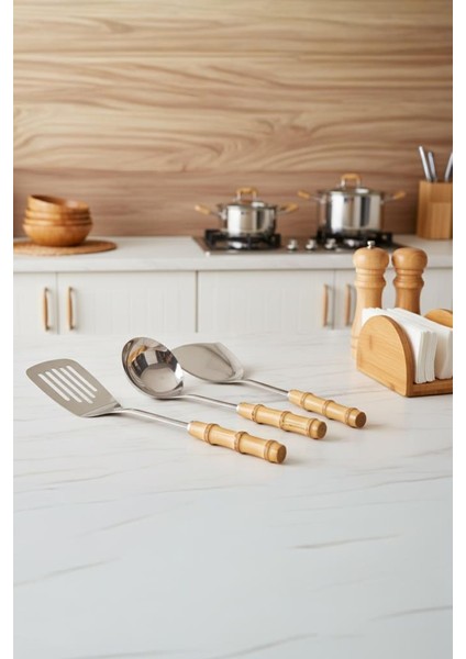 Bambum Mundo 3 Parça Bambu Saplı Çelik Mutfak Gereç Seti Kaşık Kevgir Kepçe
