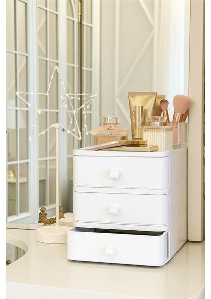 3'lü Takı Makyaj ve Kozmetik Düzenleyici Çekmece Çok Amaçlı Masaüstü Organizer Beyaz