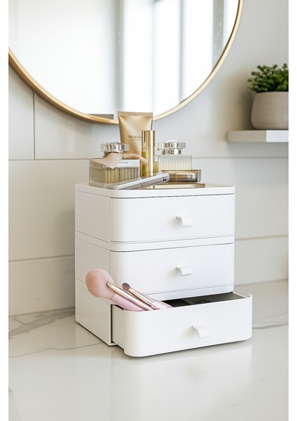 3'lü Takı Makyaj ve Kozmetik Düzenleyici Çekmece Çok Amaçlı Masaüstü Organizer Beyaz modelleri