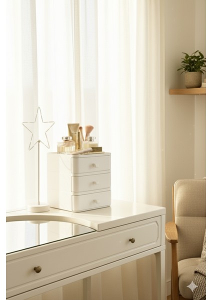 3'lü Takı Makyaj ve Kozmetik Düzenleyici Çekmece Çok Amaçlı Masaüstü Organizer Beyaz