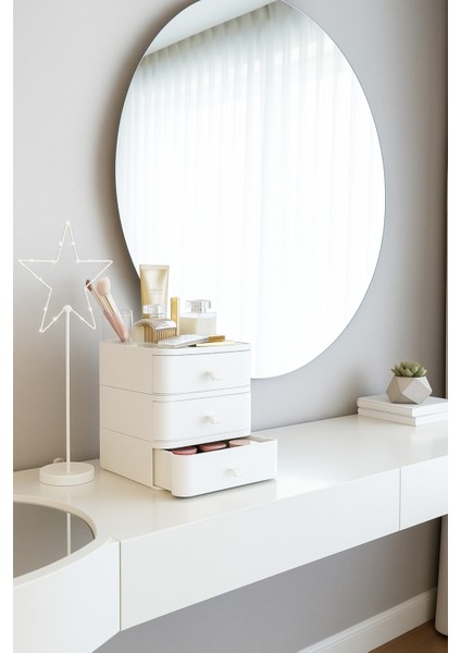 3'lü Takı Makyaj ve Kozmetik Düzenleyici Çekmece Çok Amaçlı Masaüstü Organizer Beyaz