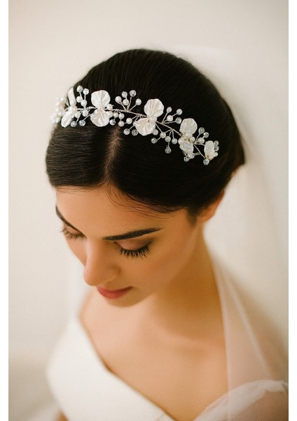 Gelin Tacı Düğün Nikah Nişan Kına Aksesuarı Incili Yapraklı Model Saç Aksesuarı