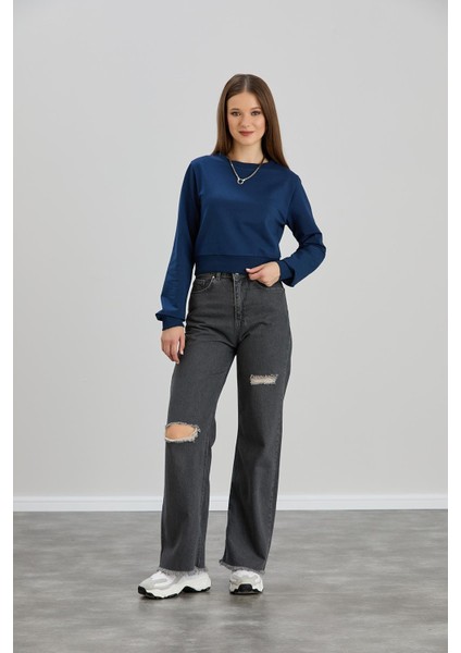 Kadın Bisiklet Yaka Iki Iplik Basic Indigo Crop Sweatshirt