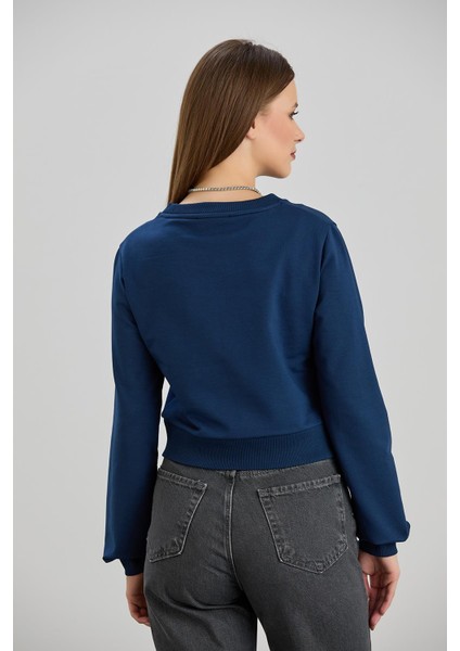Kadın Bisiklet Yaka Iki Iplik Basic Indigo Crop Sweatshirt indirimleri