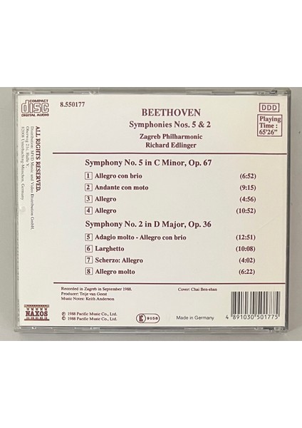 Beethoven Zagreb Philharmonic Richard Edlinger Symphonies Nos 5 & 2 Cd(Orjnal Dönem Baskı Cd) fiyatları