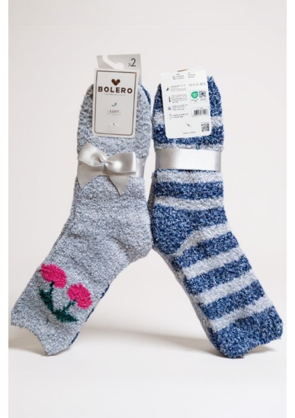 Kadın Peluş Pofuduk Çorap 2'li Set Peluş Ev Çorabı, Uyku Çorabı