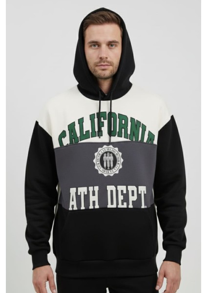 Erkek Pamuklu Yazı Baskılı Renk Üç Ip Şardonlu Basic Kapüşonlu Sweatshirt