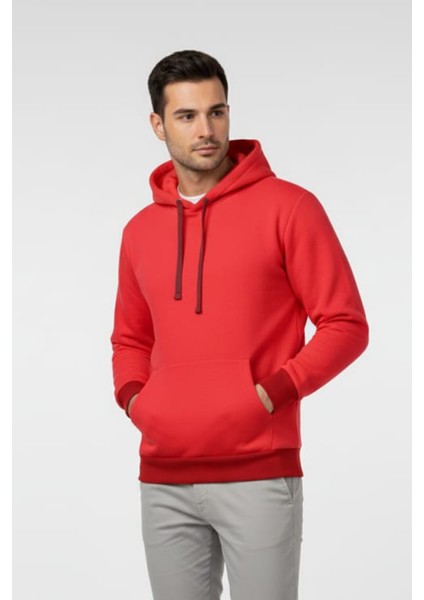 Erkek Pamuklu Düz Renk Üç Ip Şardonlu Basic Kapüşonlu Sweatshirt