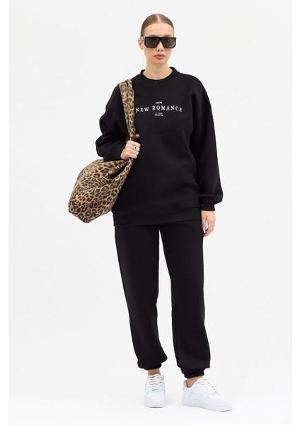 Kadın New Romence Baskılı Bisiklet Yaka Içi Pamuklı Oversize Eşofman Takımı