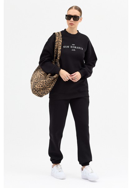 Kadın New Romence Baskılı Bisiklet Yaka Içi Pamuklı Oversize Eşofman Takımı modelleri