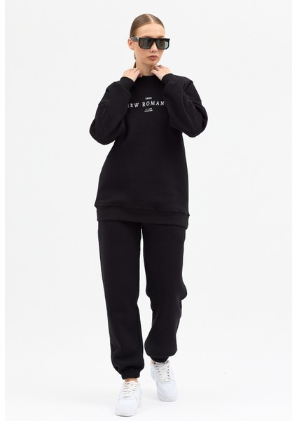 Kadın New Romence Baskılı Bisiklet Yaka Içi Pamuklı Oversize Eşofman Takımı fırsatları