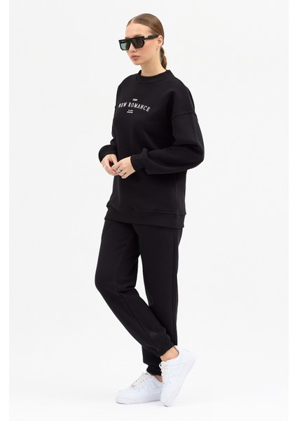 Kadın New Romence Baskılı Bisiklet Yaka Içi Pamuklı Oversize Eşofman Takımı indirimleri