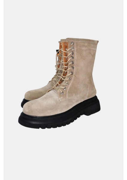 Kadın Vizon Süet Kaymaz Taban Fermuarlı Rahat Kalıp Bağcıklı Bot