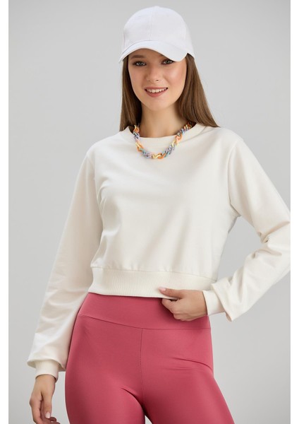 Kadın Bisiklet Yaka Iki Iplik Basic Ekru Crop Sweatshirt