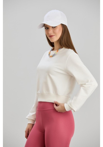 Kadın Bisiklet Yaka Iki Iplik Basic Ekru Crop Sweatshirt fiyatları