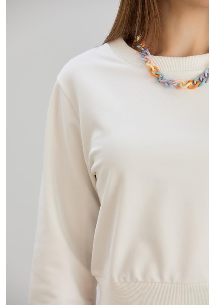 Kadın Bisiklet Yaka Iki Iplik Basic Ekru Crop Sweatshirt fırsatları