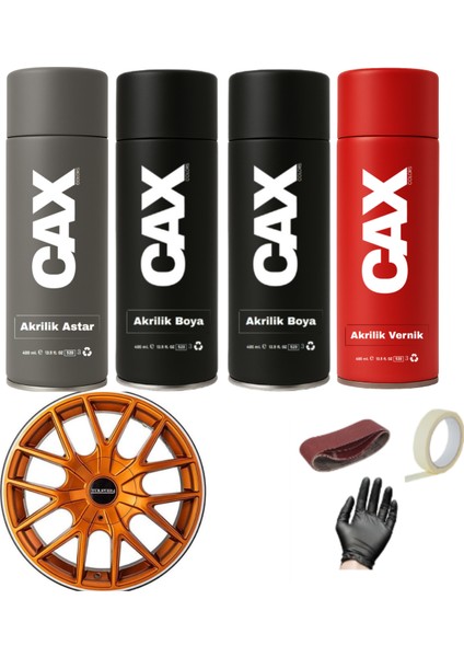 Metalik Turuncu Araba Jant Sprey Akrilik Özel Yapım Sprey Boya Seti 400 ml Bant-Zımpara-Eldiven