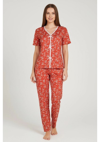 Marsilyan- Kadın Turuncu Kalp Desenli Fiyonklu Kısa Kollu Uzun Pijama Takımı