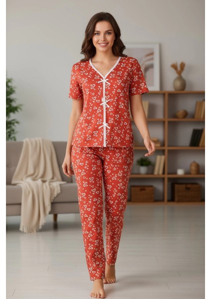 Marsilyan- Kadın Turuncu Kalp Desenli Fiyonklu Kısa Kollu Uzun Pijama Takımı modelleri